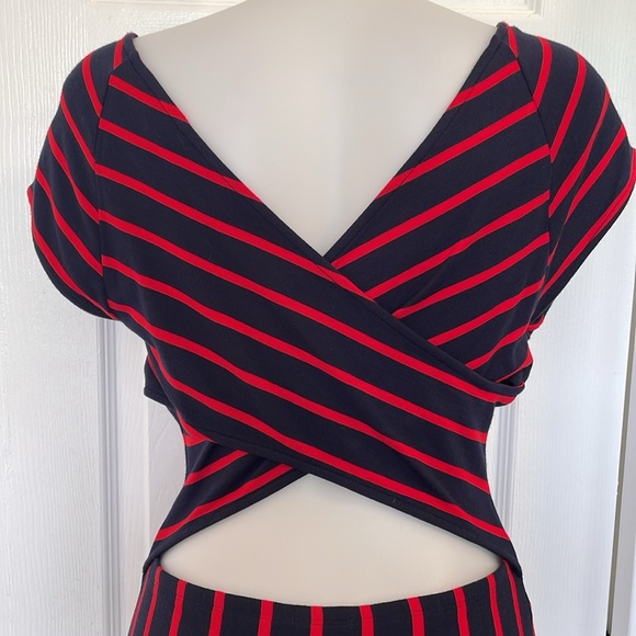 MARKET&SPRUCE WRAP BACK DRESS RED/NAVY BLUE STRIPED CAP SLEEVE SIZE MED PETITE - Picture 7 of 10